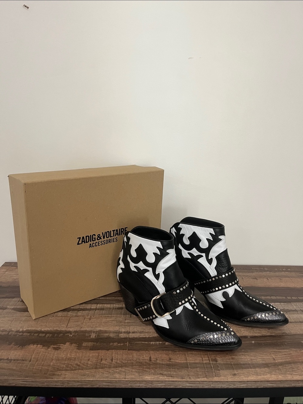 Zadig & Voltaire Black and White Leather Western Ankle Boots